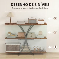 HOMCOM Mesa Consola de 3 Níveis Estilo Industrial com 2 Prateleiras Abertas e Estrutura Metálica em X Consola Estreita 110x30x91 cm Castanho Rústico(m-4)