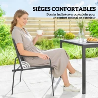 Outsunny Salon de Jardin Extérieur pour 6 Personnes, Table de Patio Effet Bois et Chaises avec Assise en Maille Respirante, Cadre en Acier Galvanisé, Noir(m-6)