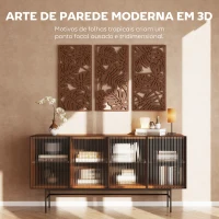 HOMCOM Decoração de Parede em Madeira 3D 3 Peças 40x80 cm Adornos de Parede com Padrão de Folhas Tropicais Nogueira(m-4)