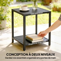 Outsunny Table basse extérieure à 2 niveaux en métal, table de jardin carrée avec étagère de rangement, 45 x 45 x 54 cm, noir(m-4)
