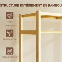 HOMCOM Portant à vêtements à roulettes, porte-manteau en bambou avec 2 étagères et tringle suspendue, 70x35x175cm, bois naturel(m-5)