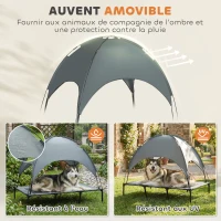 PawHut Lit chien sureleve avec parasol, lit de camp chien chat sur pieds tissu Oxford respirant, anti-UV cadre en métal sac de transport inclus couchage extérieur pour chat 122 x 92 x 108 cm gris noir(m-5)
