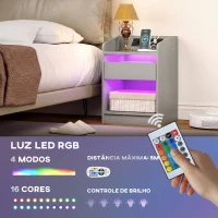 HOMCOM Mesa de Cabeceira com Luzes LED Gaveta Prateleira Estação de Carregamento Entrada USB e Controlo Remoto 40x40x58 cm Cinzento(m-4)