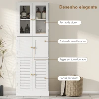 HOMCOM Armário de Casa de Banho Alto com Portas de Vidro Portas de Ripas e Prateleiras Ajustáveis 60x30x170 cm Branco(m-6)