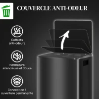 HOMCOM Poubelle de cuisine 2 compartiments de 2 x 30L, acier inoxydable, couvercle à fermeture douce, 47,7x37,5x66,8cm, noir(m-6)