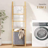 HOMCOM Estante para Casa de Banho de Bambu com 3 Barras e Cesto para Roupa Suja Removível de 48 L 43x35x133 cm Cinzento(m-4)