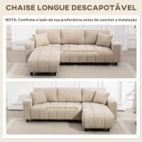 HOMCOM Sofá Chaise Longue Reversível Sofá de Canto em Forma de L de 3 Lugares 2 Almofadas Estofado em Linho 242x156x87 cm Bege(m-4)
