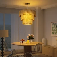 HOMCOM Hemp Rope Ceiling Light, 3-Layer Boho Pendant Light, 4 x E14 Vintage Ceiling Lamp Fixtures for Living Room, Bedroom, Kitchen, Hallway, Light Brown(m-8)