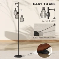 HOMCOM 3-Light LED Floor Lamp, 170cm Industrial Dimmable Standing Lamp with Steel Wire Cage Lampshades, 2700K for Living Room, Bedroom, Dining Room, Study, Black(m-7)