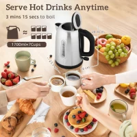 HOMCOM Kettle and Toaster Set, 1.7L 3000W Rapid Boil Jug Kettle with Otter Thermostat, Limescale Filter, 4 Slice Toaster with 7 Browning Controls, Crumb Tray, LED Strip, Silver Tone(m-4)