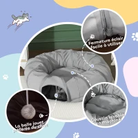 PawHut Tunnel pour chat intérieur rond tunnel avec lit et coussin, pliable, avec trous pour balles et judas, Ø 90 x 27 cm gris(m-7)