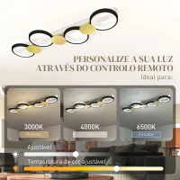 HOMCOM Candeeiro de Teto Regulável com 4 Focos Controlo Remoto Modos de Cena 1500 lm 38 W 3000 K-6500 K 100x31x7 cm Preto e Dourado(m-5)