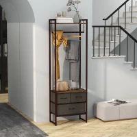 HOMCOM Suporte para Cabides com 3 Gavetas de Tecido Barra para Pendurar e Prateleira para Entrada Quarto 58,5x30x178 cm Castanho Rústico(m-2)