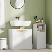 HOMCOM Meuble sous lavabo, meuble de salle de bain avec 2 portes à fermeture douce, 60 x 35 x 57,9 cm, blanc et bois naturel(m-10)