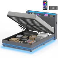 HOMCOM Cadru pat 140 x 200 cm cu tăblie și picior, pat tip platformă cu depozitare hidraulică, lumini LED(m-6)