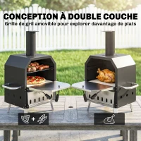 Outsunny Four à Pizza Extérieur à Bois et Charbon 2 Étages Combiné Barbecue Fumoir Pierre de 30 cm et Pelle Portable Noir(m-4)