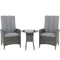 Outsunny Rattan Bistro Set, Reclining Garden Chairs and Glass Coffee Table with Cushions for Patio Balcony Porch, Grey(m-1)