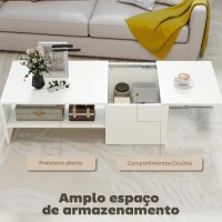 HOMCOM Mesa de Centro com Superfície Deslizante Moderna com Compartimento Oculto Prateleira Aberta 110x52x36 cm Branco(m-5)