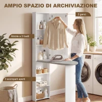 HOMCOM Mobile Asse da Stiro Pieghevole a 6 Ripiani con Specchio e 2 Ganci, in Legno e Poliestere, 107x35x174 cm, Bianco(m-7)