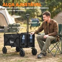 Outsunny Carrinho de Jardim Dobrável com Rodas Bloqueáveis Cabo Ajustável Porta-Copos Carga 80 kg para Camping 85x50x99 cm Preto(m-7)