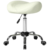 HOMCOM Silla tipo sillín, silla con ruedas regulable con cuero PU para masaje, spa, clínica, belleza y tatuajes, crema(m-1)