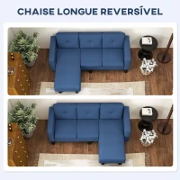 HOMCOM Sofá Chaise Longue Sofá em Forma de L Estofado em Poliéster Sofá de Canto Reversível 186x130x84 cm Azul Escuro(m-6)