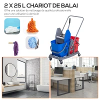 HOMCOM Chariot de lavage chariot de nettoyage professionnel presse à mâchoire 2 seaux 25 L 73L x 45l x 92H cm plastique gris bleu rouge(m-5)