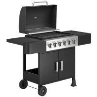 Outsunny Barbacoa de Gas con 6 Quemadores Termómetro Parrilla Mesas Laterales Armario y Ruedas 135x51x101 cm Negro(m-1)