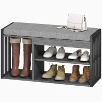 HOMCOM Schuhregal mit Sitzbank, Flurregal für Schuhe, Schuhschrank mit 3-stufigem Design, für Flur, Eingangsbereich, Wohnzimmer, Schlafzimmer, Grau(m-10)
