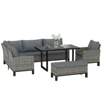 Outsunny 9 Seater Rattan Garden Furniture Corner Sofa Set, Outdoor Dining Set with Faux Wood Table, Ottoman, Cushions, Dark Grey(m-11)