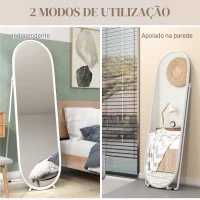 HOMCOM Espelho de Pé Oval 160x40 cm Espelho de Corpo Inteiro com Moldura Metálica Suporte e 2 Formas de Utilização Branco(m-7)