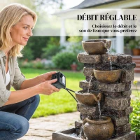 Outsunny Fontaine Extérieure avec 5 Niveaux de Pichets Rustiques et Design Roche, Cascade avec Lumières LED, Marron Rustique(m-6)