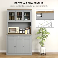 HOMCOM Armário de Cozinha com 3 Portas de Vidro Compartimento Aberto 2 Gavetas e Prateleiras Ajustáveis 100x40x180 cm Cinzento(m-6)