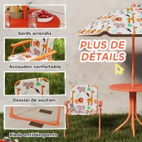 AIYAPLAY Salon de jardin enfant, table enfant avec 2 chaises pliantes et parasol Ø 100 cm, motif animal, orange(m-6)