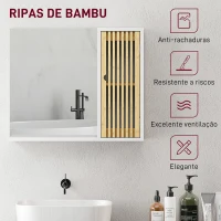 HOMCOM Espelho de Casa de Banho 60x50 cm Espelho de Parede com Porta de Ripas de Bambu Prateleiras de Arrumação Branco e Madeira(m-7)