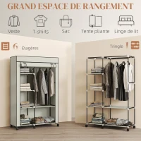 HOMCOM Armoire penderie en tissu meuble de rangement 6 roulettes tringle à vêtements et étagères ouvertes 103x43x162,5cm crème(m-4)