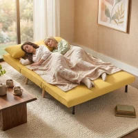 HOMCOM Sofá-Cama de 2 Lugares Dobrável Estofado em Linho com Encosto Ajustável em 5 Posições e 2 Almofadas Amarelo(m-9)
