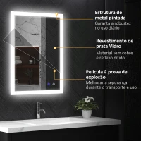 kleankin Espelho Casa de Banho com Luzes LED 80x60 cm Função Antiembaciamento 3 Cores Função de Memória e Interruptor Tátil Prata(m-7)