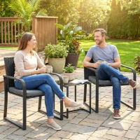 Outsunny Conjunto de Jardim 3 Peças de Vime com 2 Cadeiras com Almofadas Tecido Textilene e Mesa de Vidro Temperado Cinza(m-9)