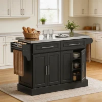 HOMCOM Ilha de Cozinha com Rodas Bancada de Aço Inoxidável 2 Gavetas 4 Portas e 2 Prateleiras Ajustáveis 145x45x93 cm Preto(m-8)