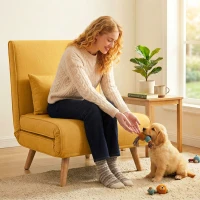 HOMCOM Sofá Cama Individual Plegable con Respaldo Ajustable 5 Posiciones Sillón Cama Tapizado con Cojín 72x75x85 cm Amarillo(m-7)