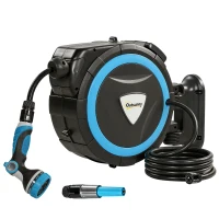 Outsunny Enrouleur Tuyau Arrosage Mural 14+1,5 m avec Verrou et Adaptateurs, Pivotant à 180°, 12 Pulvérisations, 49x15x37cm, Bleu(m-11)