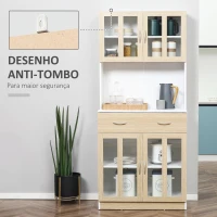 HOMCOM Aparador de Cozinha com 4 Portas de Vidro Bancada Aberta para Micro-Ondas  80x40x180 cm Branco e Madeira(m-7)