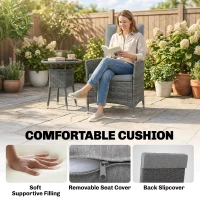 Outsunny Rattan Bistro Set, Reclining Garden Chairs and Glass Coffee Table with Cushions for Patio Balcony Porch, Grey(m-6)