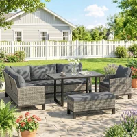 Outsunny 9 Seater Rattan Garden Furniture Corner Sofa Set, Outdoor Dining Set with Faux Wood Table, Ottoman, Cushions, Dark Grey(m-2)