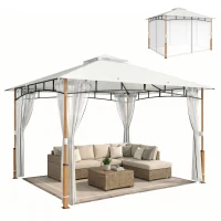 Outsunny Gazebo 3 x 3,6 m, Tetto Doppio UPF50+ con Rete, Crema(m-11)