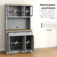 HOMCOM Armário de Cozinha com 3 Portas de Vidro Compartimento Aberto 2 Gavetas e Prateleiras Ajustáveis 100x40x180 cm Cinzento(m-5)