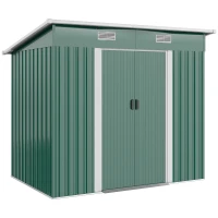 Outsunny 7 x 4ft Outdoor Storage Shed with Foundation Kit, Lean to Metal Garden Shed for Log, Rubbish Bin, Tool, Lawnmower, Bike, Patio and Lawn Use, Green(m-10)