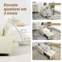 HOMCOM Poltrona Cama Estofado em Veludo Ecológico com Encosto Ajustável 3 Níveis 6 Bolsos Laterais 74x85,5x82 cm Bege(m-5)