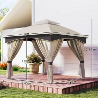 Outsunny Gazebo da Giardino 3x3m in Acciaio con Doppio Tettuccio e Tende, Beige e Grigio(m-3)